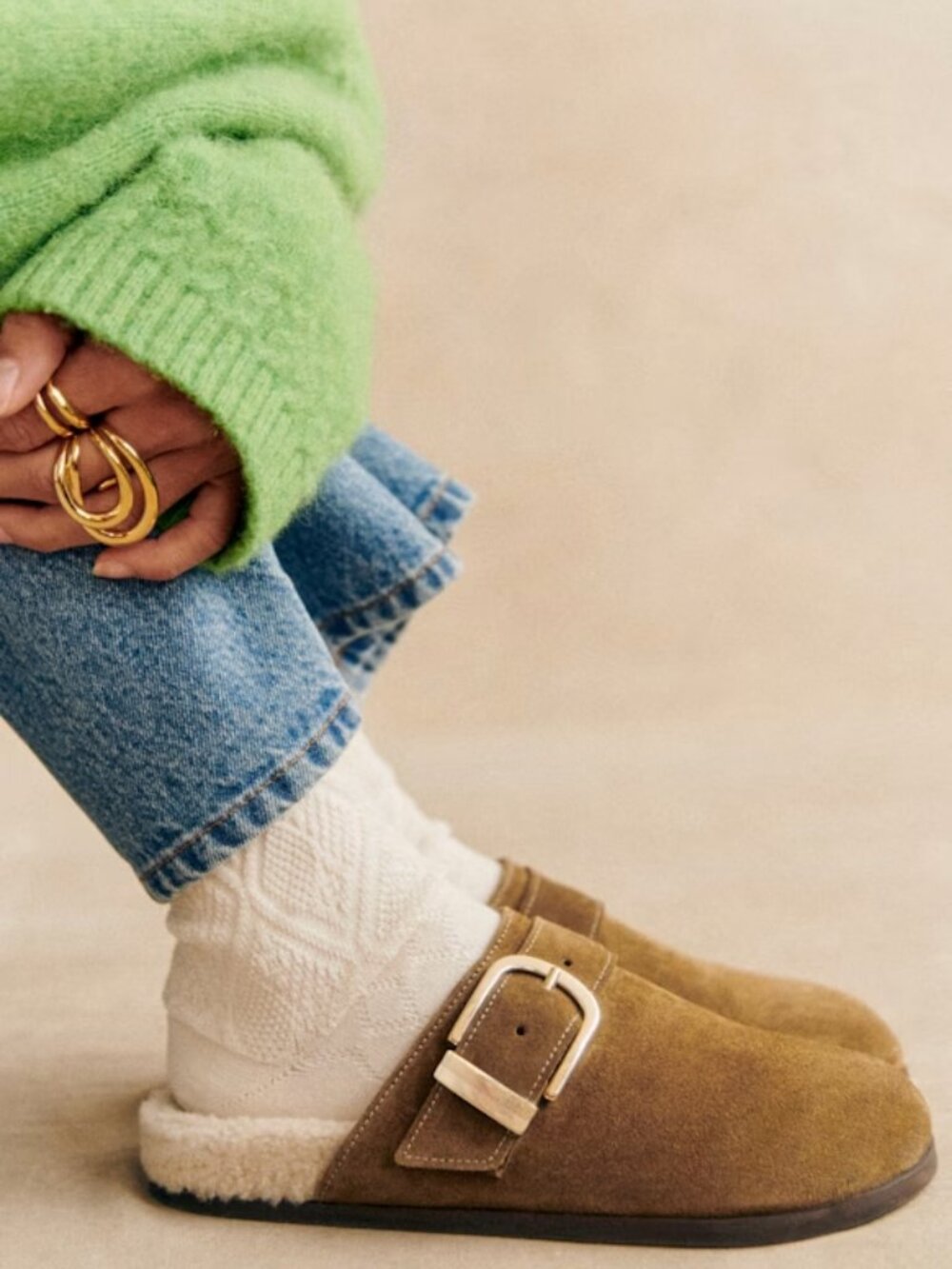 Sezane Marla Mules in Fur-Lined Taupe 36 5